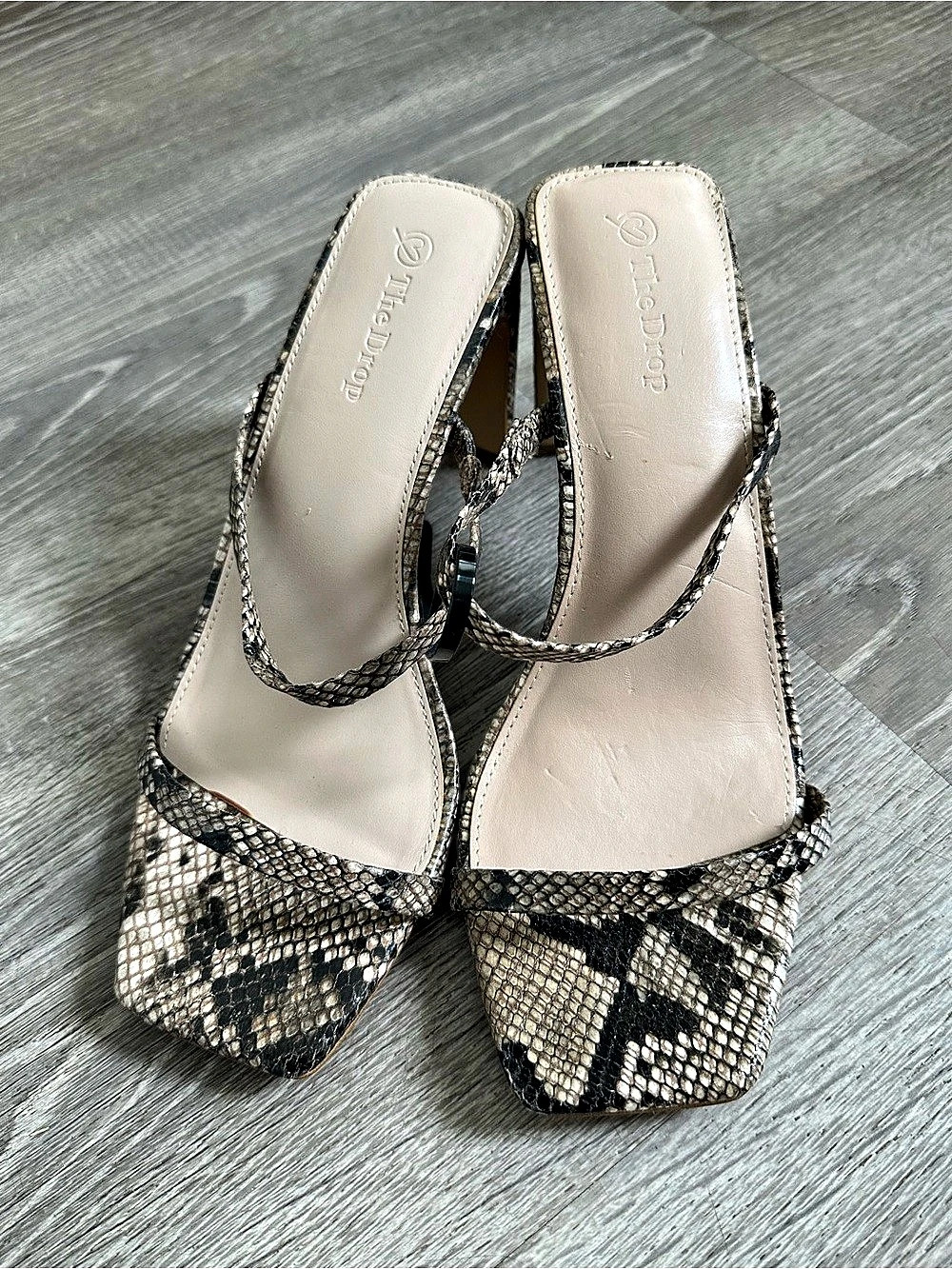 Snakeskin Print Heeled Mules in Black & Cream